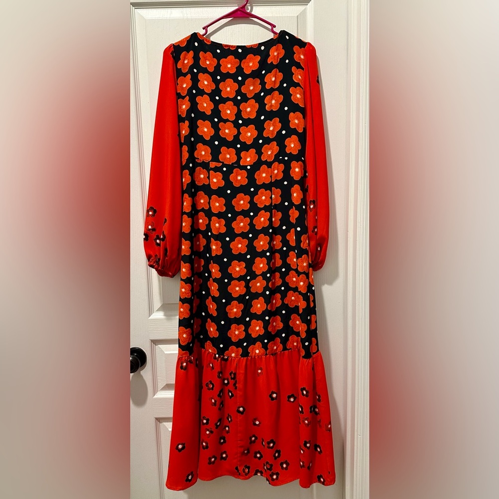 Topshop Long Sleeve Flounced Floral ColorBlock Midi Dress Navy & Poppy Red TB15 - Picture 7 of 12